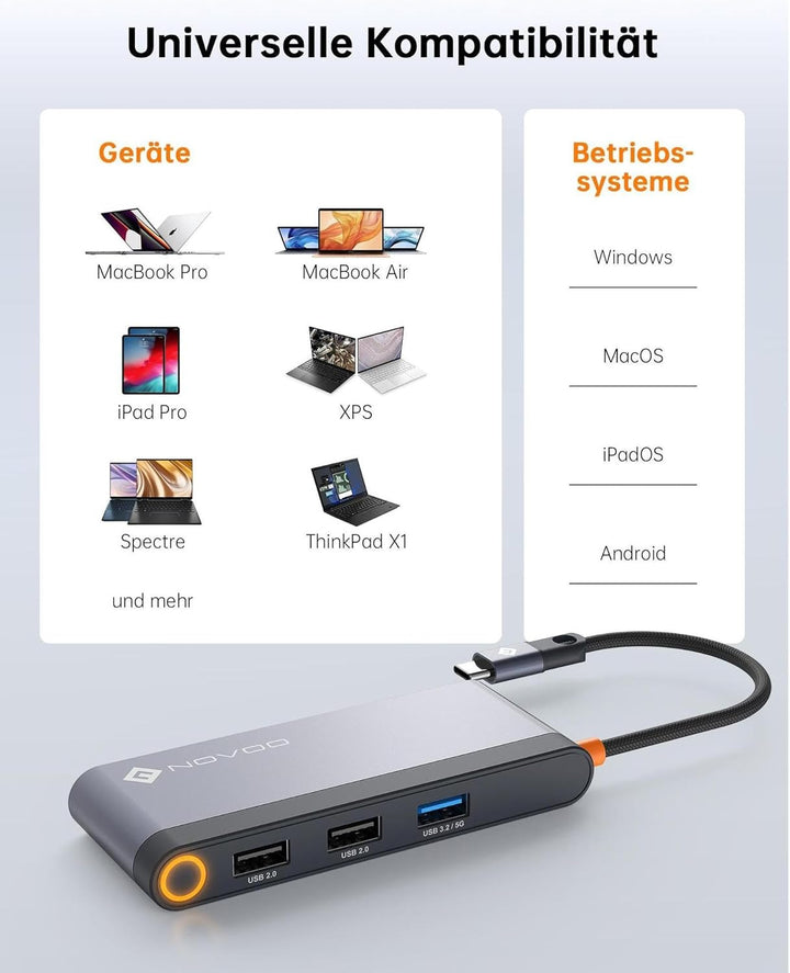 NOVOO USB C Docking Station 4K@60Hz Dual HDMI USB C Hub Adapter mit 2 HDMI 4K@60Hz,PD 100W Schnellla