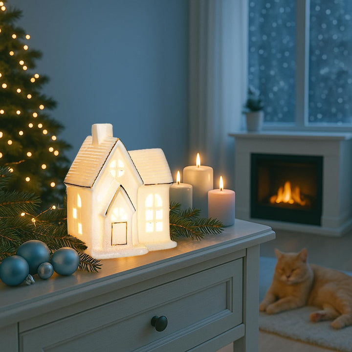 com-four® LED-Haus aus Porzellan - batteriebetriebenes Leuchthaus - weisses glänzendes Deko-Lichthäu