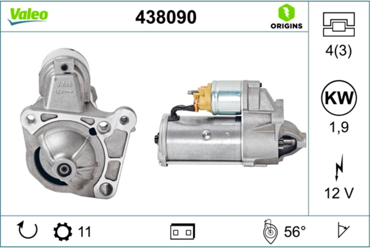 VALEO 438090 Starter Nennleistung: 1,9 kW Stop & Start: NO Zähnezahl: 11 zähne Spannung: 12 V Drehri