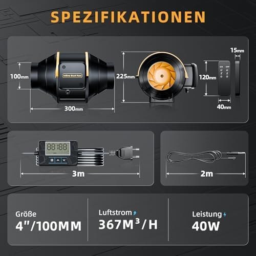 100mm Rohrventilator mit Fernbedienung, Timer Temperatur - und Feuchtigkeitsregler, Leise Rohrlüfter
