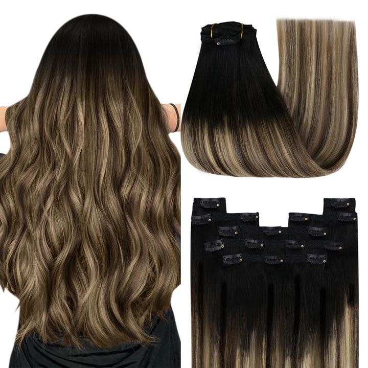 YoungSee Clip in Extensions Balayage Schwarz Echthaar Extensions Clip Schwarz Ombre Braun Blond Clip