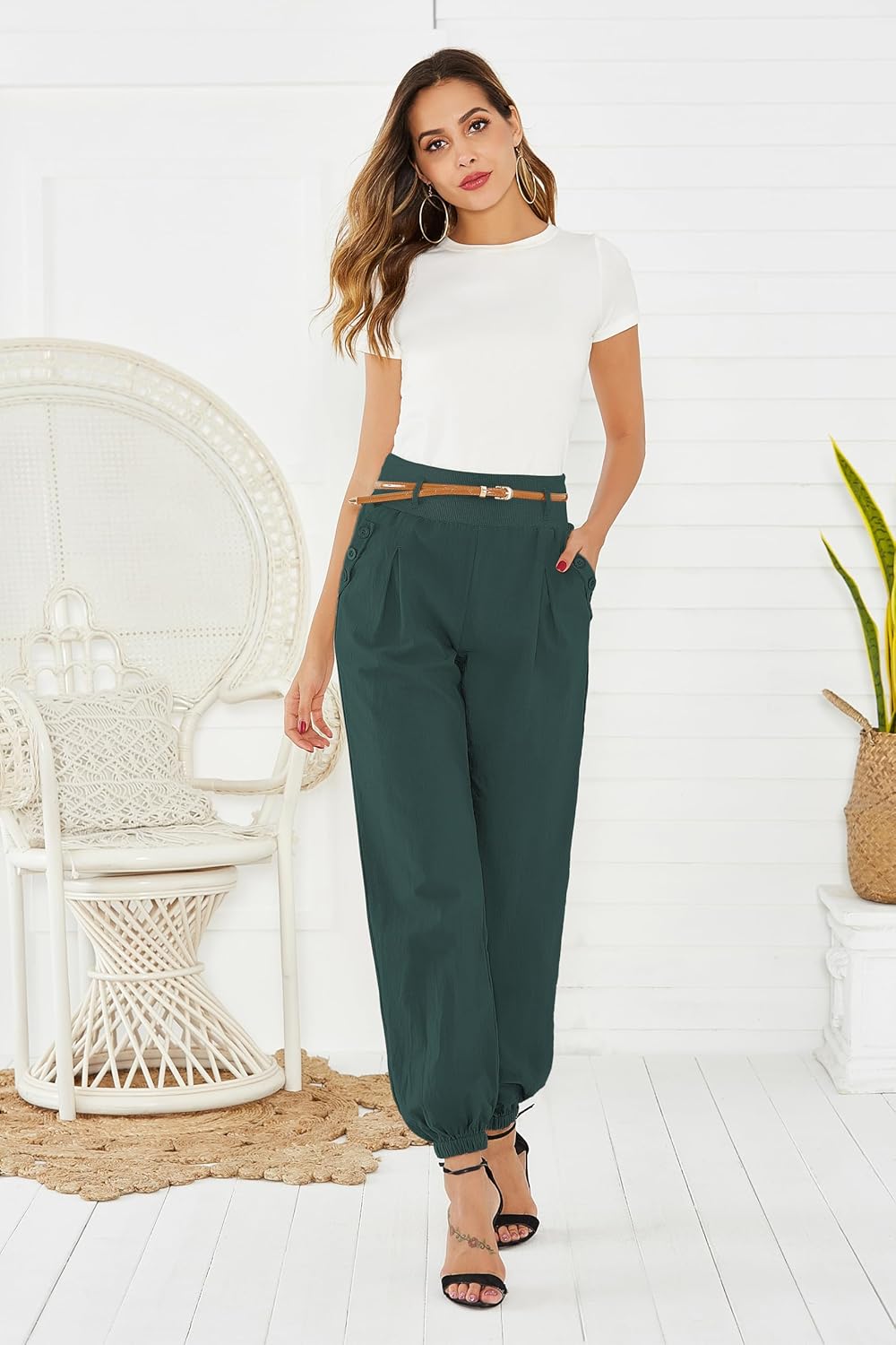 Cindeyar Damen Haremshose Elegant Pumphose Lange Leinen Hose mit Gürtel Aladin Pants S Grün, S Grün
