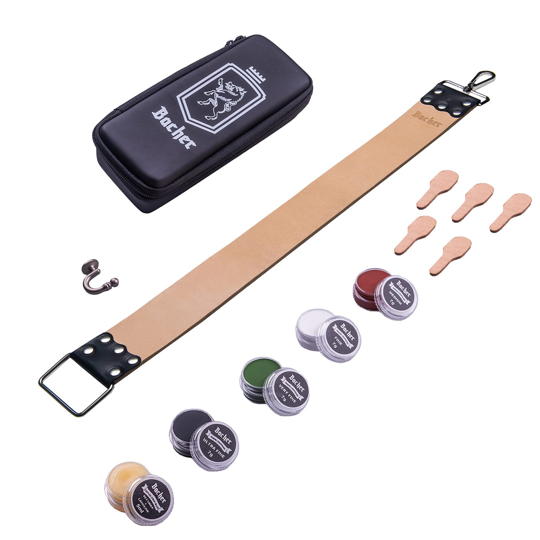 BACHER Premium Leder Streichriemen zum Schärfen von Rasiermesser Set mit Polierpaste für Abziehrieme