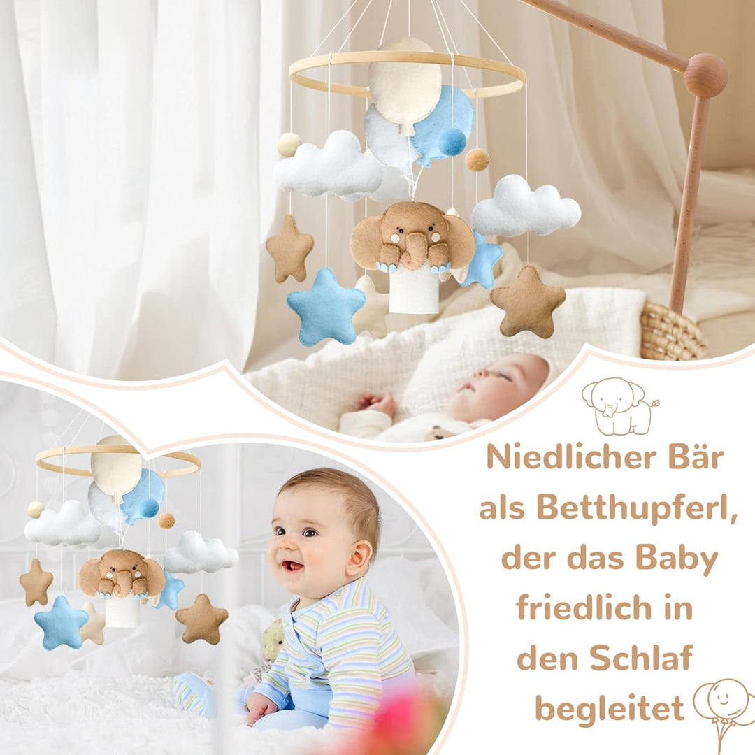 Elefant Mobile Baby Windspiele mit Filzbällen, Elefant, Heissluftballon, Sterne, Wolken Mobile Baby