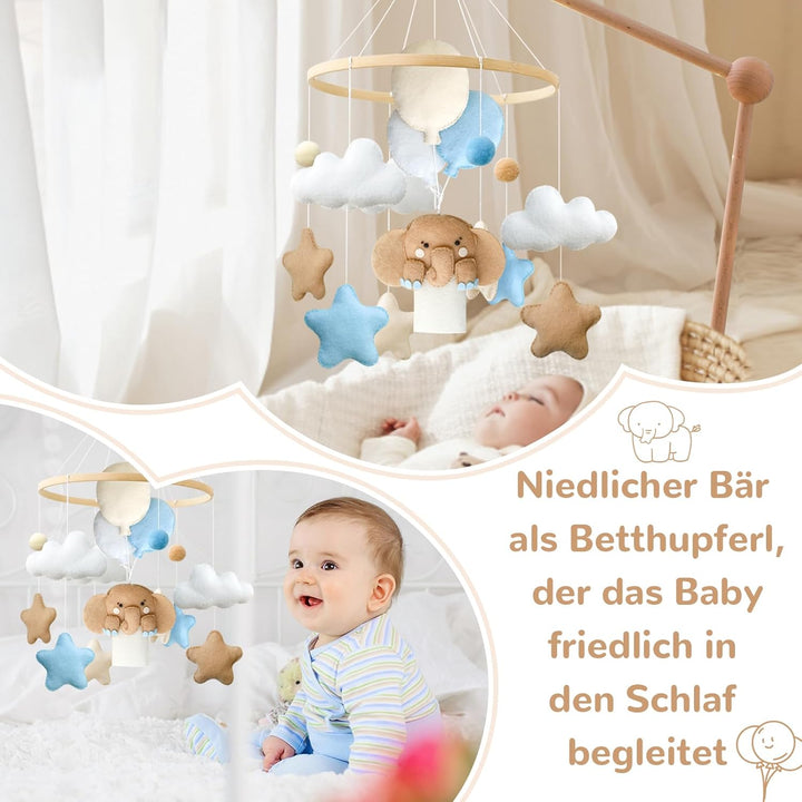 Elefant Mobile Baby Windspiele mit Filzbällen, Elefant, Heissluftballon, Sterne, Wolken Mobile Baby