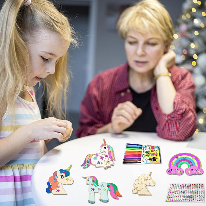 Einhorn Holz Bastelset 40 Stück Einhorn Holz Kindergeburtstag mit 12 Aquarellstiften + 3 Glitzeraufk