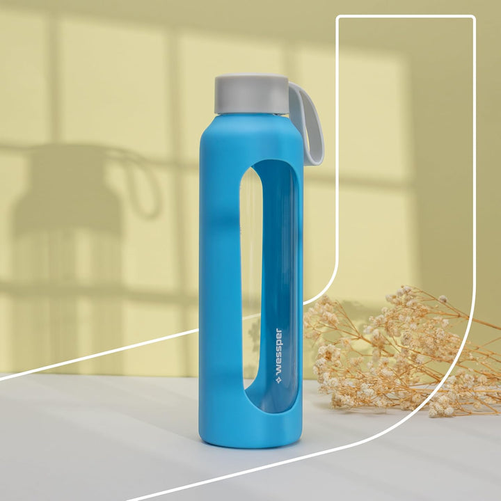 Wessper Trinkflasche Glas 500 ml, Motivations wasser glasflasche mit Hydrationsskala, borosilikatgla