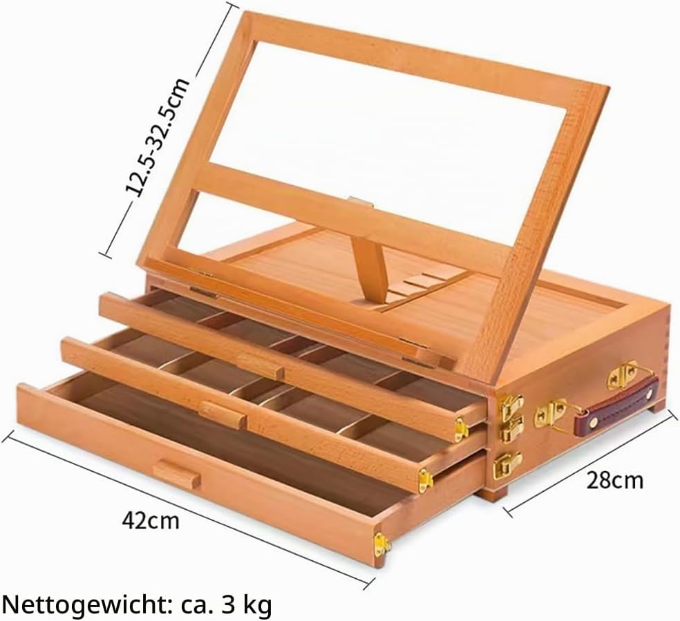 Tischstaffelei Holz,Verstellbare Hölzerne Aufbewahrungsbox Mit Drei Schubladen Und Staffelei, Tragba