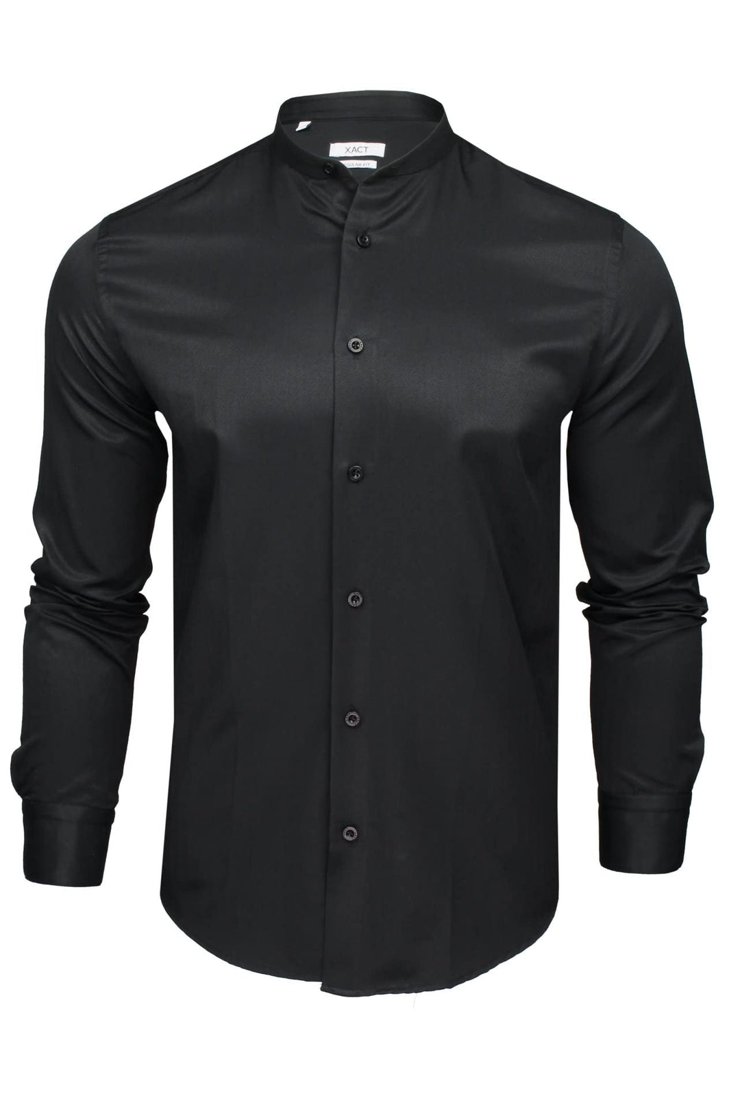 Xact Herren Langarmhemd mit Herringbone-Muster und Grandad-Mandarinkragen L Schwarz, L Schwarz
