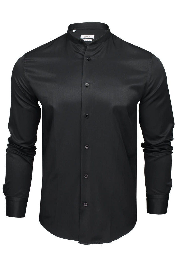 Xact Herren Langarmhemd mit Herringbone-Muster und Grandad-Mandarinkragen L Schwarz, L Schwarz