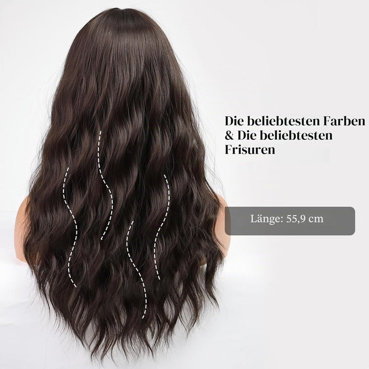 HAIRCUBE Dunkelbraune Perücke mit Pony, lockige Perücke mit Pony für Frauen, Kunsthaar, natürlicher