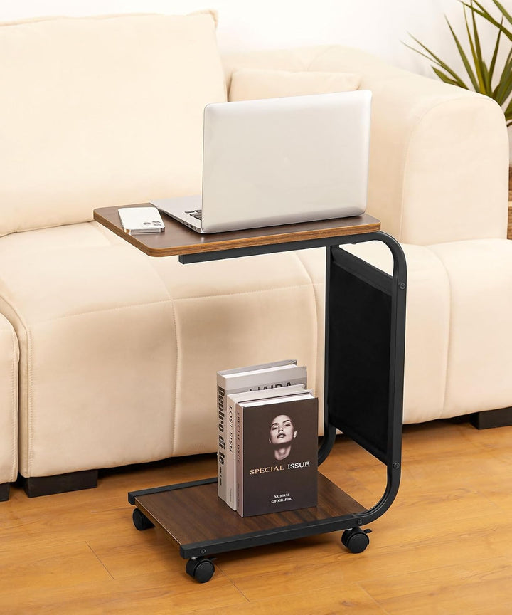 Yorbay Beistelltisch Holz Couch, Sofatisch mit Rollen und Aufbewahrungstasche, C Form Mobiler Kaffee