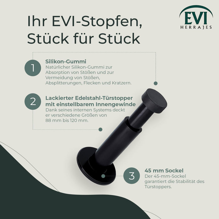EVI HERRAJES Verstellbarer Türstopper aus Messing, Dual-Installation (Schwarz Lackiert - Schwarzer G