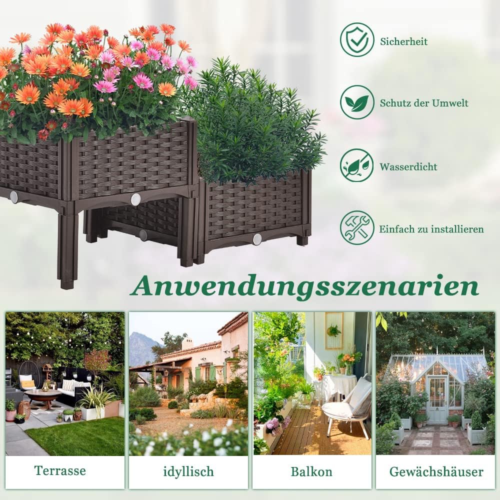 Mingone 2er Set Blumenkasten Rattan Optik Blumentopf aus Kunststoff Blumenkasten Balkonkasten mit Wa