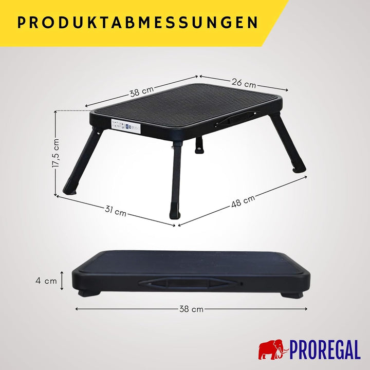PROREGAL Tritthocker klappbar, XXL Trittfläche 38x26cm Anti-rutsch, bis 150kg, 1,8kg leicht, schwarz