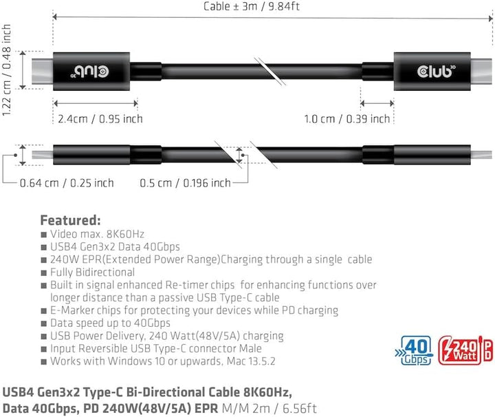 Club3D CAC-1579 USB4 Gen3x2 Type-C Bi-Direktionale Kabel 8K60Hz oder 4K120Hz, Data 40Gbps, PD 240W(4