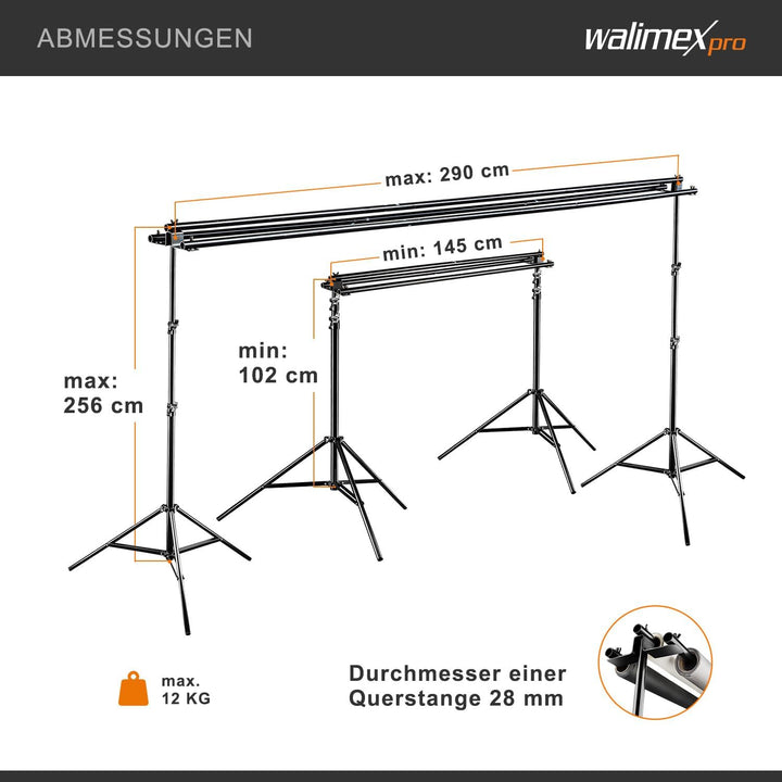 Walimex pro 3-fach Hintergrundsystem 145-290cm I für bis zu 3 Leinwände aus Papier & Stoff I stabile