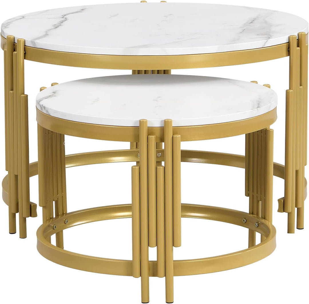 Merax Rund Couchtisch Set, 2-in-1 Nesting Couchtisch Satztisch, in Marmoroptik, Goldener Metallrahme