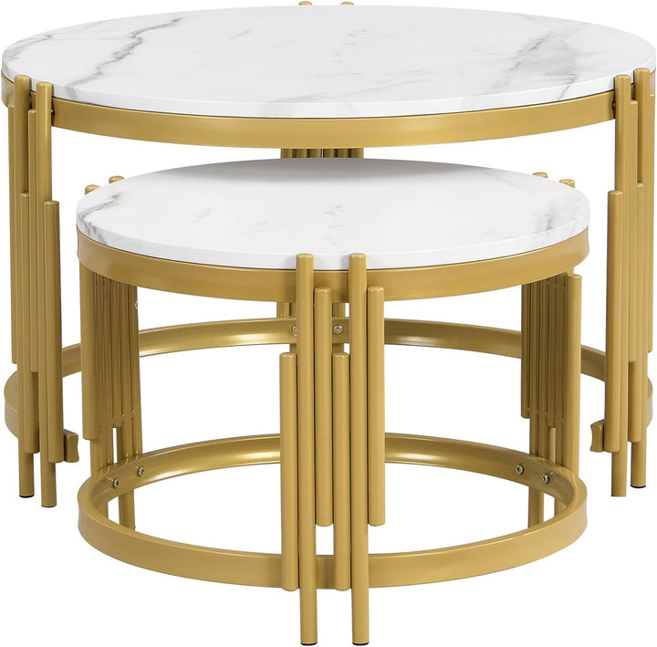 Merax Rund Couchtisch Set, 2-in-1 Nesting Couchtisch Satztisch, in Marmoroptik, Goldener Metallrahme