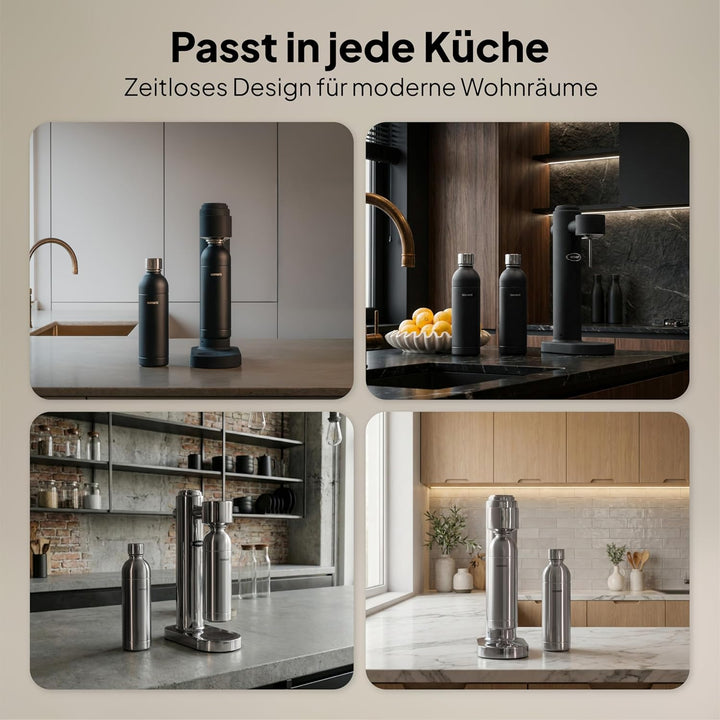 Wassersprudler aus hochwertigem Edelstahl - Design Soda Maker inkl. 2x 1,1 L Edelstahlflaschen - ges
