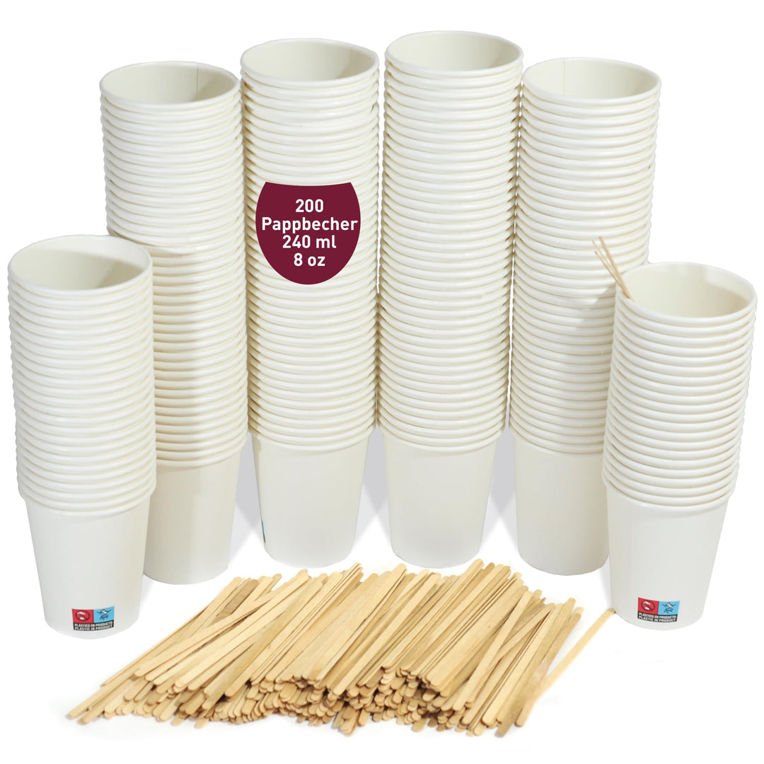 gobecups 200 Weisse Einwegbecher aus Pappe, 240 ml / 8 oz, für Kaffee mit Holzrührstäbchen, robust,