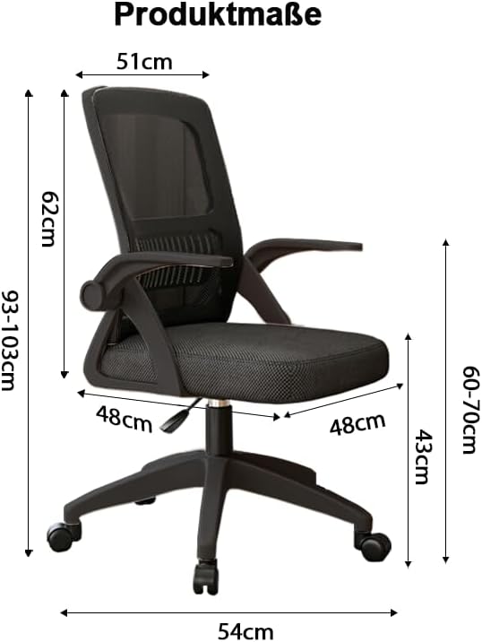 Bürostuhl,Ergonomischer Drehstuhl mit Atmungsaktiver Mesh-Rückenlehne,Hochklappbaren Armlehnen und L
