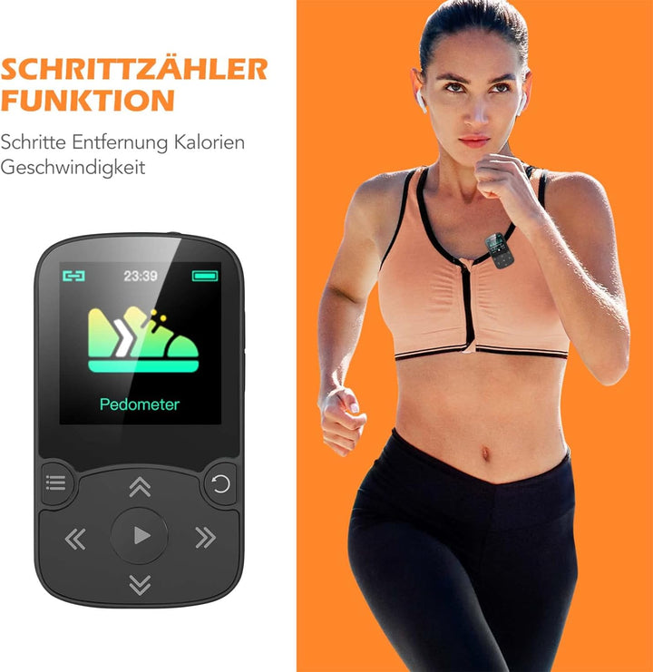 AGPTEK MP3 Player & Schutzhülle Bluetooth 5.3 Sport 64GB mit 1,5 Zoll TFT Farbbildschirm, Mini Musik