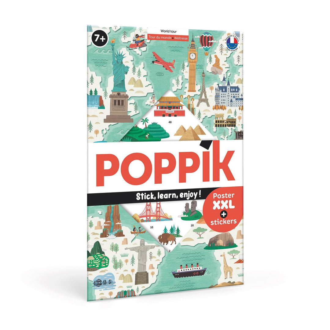 POPPIK 1841167 Sticker-Poster, Weltreise, interaktives Lernposter mit Aufklebern, mehrsprachige Welt
