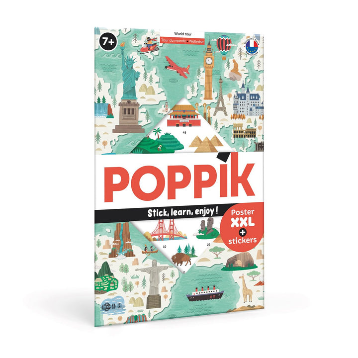 POPPIK 1841167 Sticker-Poster, Weltreise, interaktives Lernposter mit Aufklebern, mehrsprachige Welt