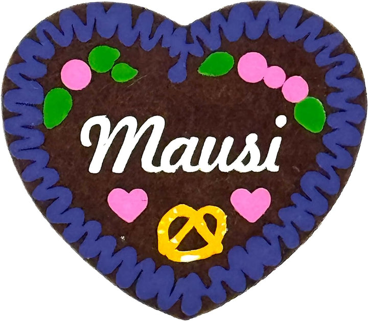 4er-Set Filzherz Anstecker MAUSI im Lebkuchenherz-Design (7 x 6,5 cm) - Oktoberfest Volksfest Wiesn