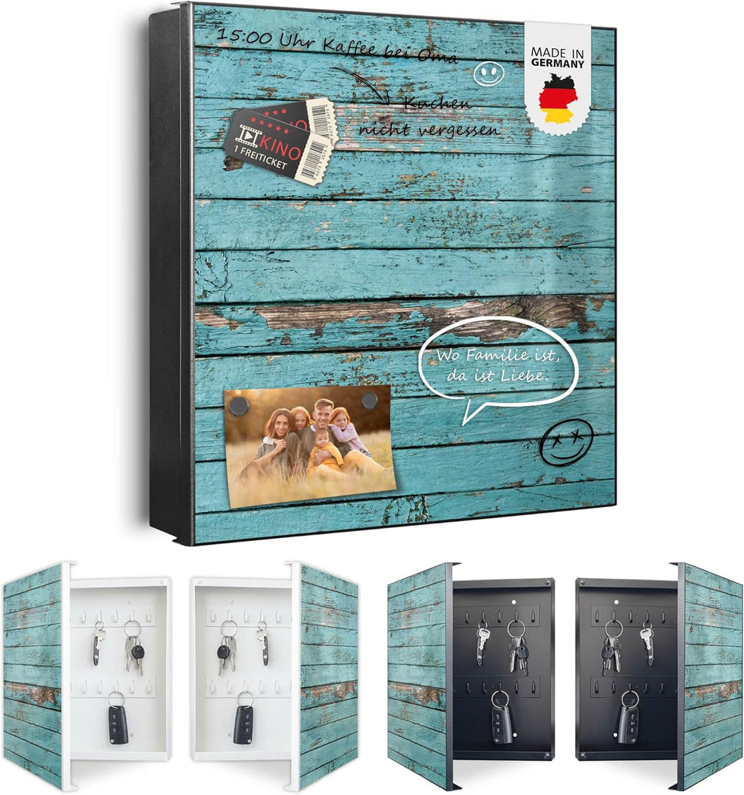 banjado® Grosser Schlüsselkasten Glas/Schlüsselbox 30cm x 30cm mit 50 Haken - Motiv Blaue Holzlatten