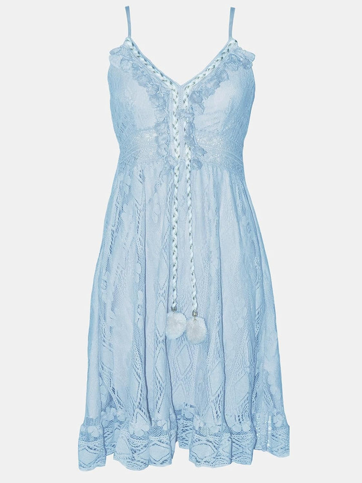 CUPSHE Damen Sommerkleid V Ausschnitt Floral Spitze Quasten Spaghetti Trägerkleid Freizeitkleider Hi