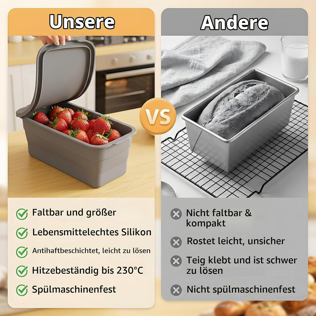 VINATO Faltbar Brotbackform Silikon mit Deckel, Brotbackform mit Metallverstärktem, Antihaft Hitzebe