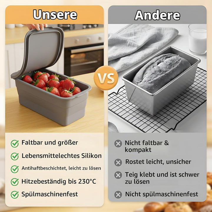 VINATO Faltbar Brotbackform Silikon mit Deckel, Brotbackform mit Metallverstärktem, Antihaft Hitzebe