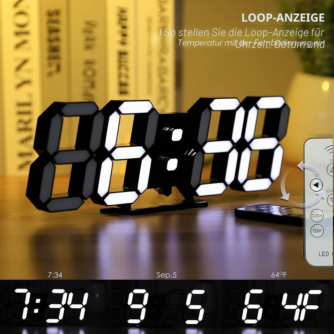 KOSUMOSU Uhren für Wohnzimmer Dekor, 9,7 Zoll grosse Digitale Wanduhr, Wecker Schwarze Uhr Wanddekor