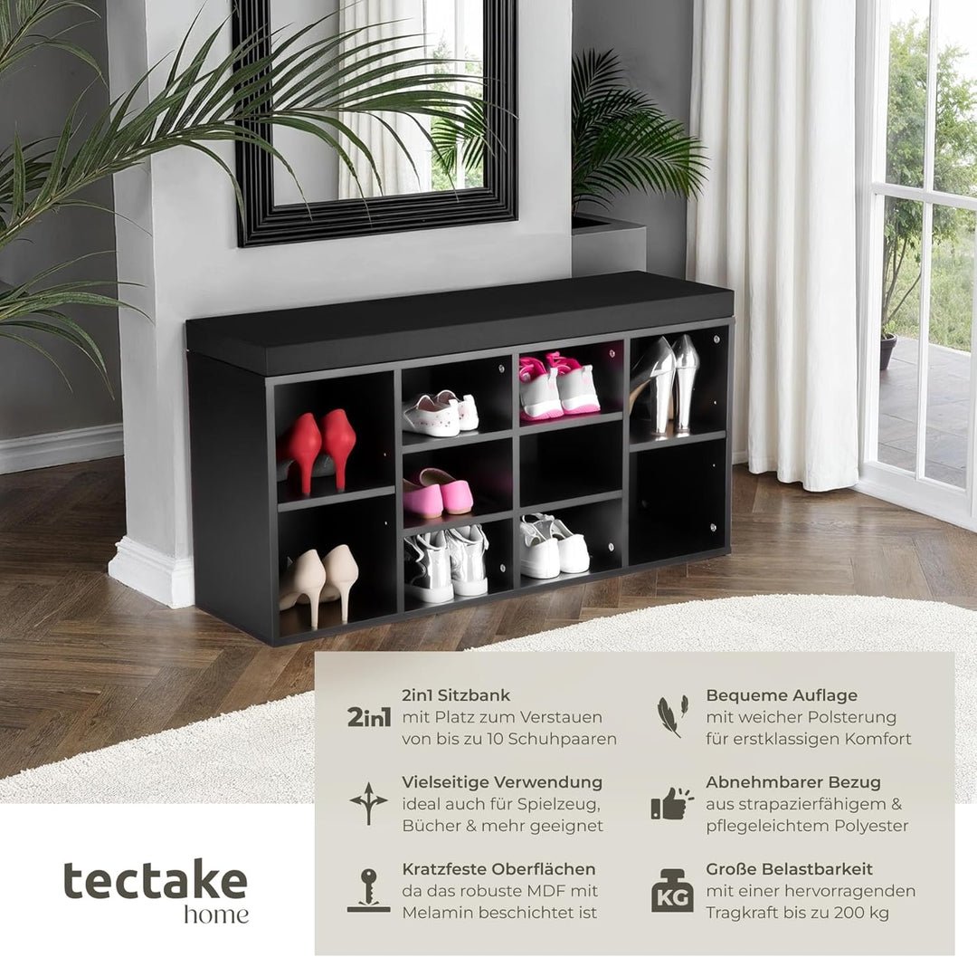 tectake® Schuhschrank mit Sitzbank, Schuhregal, Sitzbank mit Stauraum für 10 Paar Schuhe, Garderobe,
