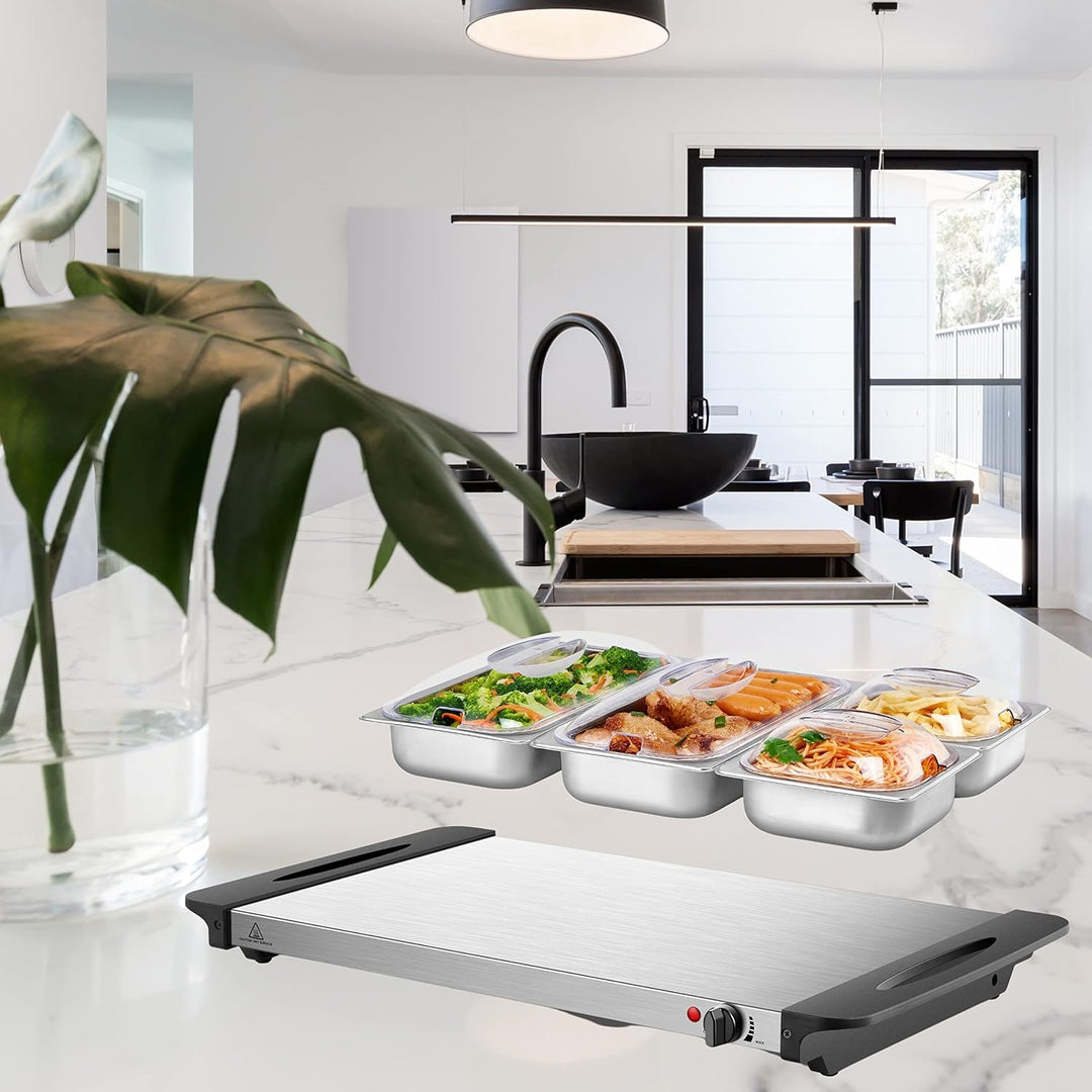 Buffetwärmer | Warmhalteplatte | Speisewärmer | 300 Watt | 4 Speisebehälter | Buffet Wärmer | Speise