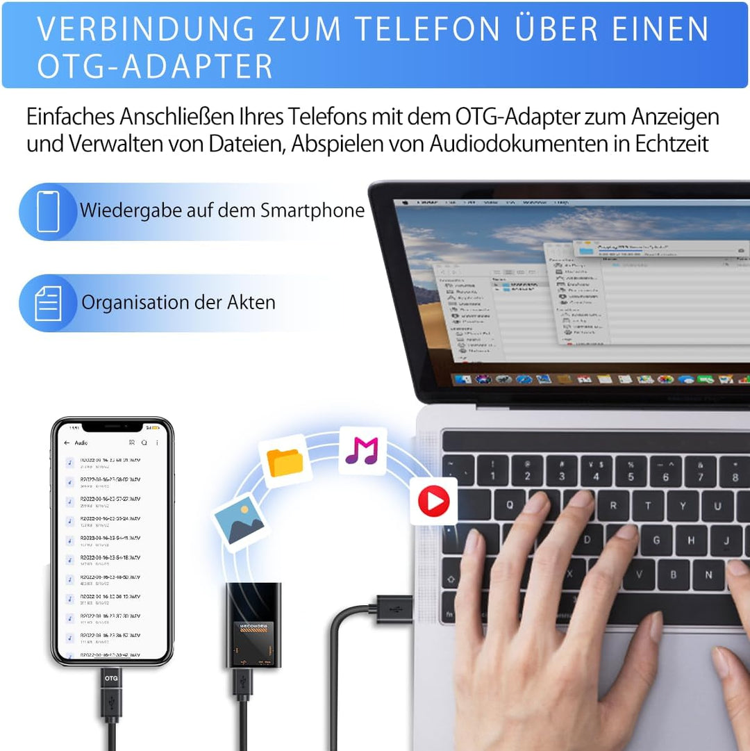 Mini Diktiergerät mit eingebautem Magnet,16GB Tragbares digitales Aufnahmegerät mit OTG-Anschluss, O