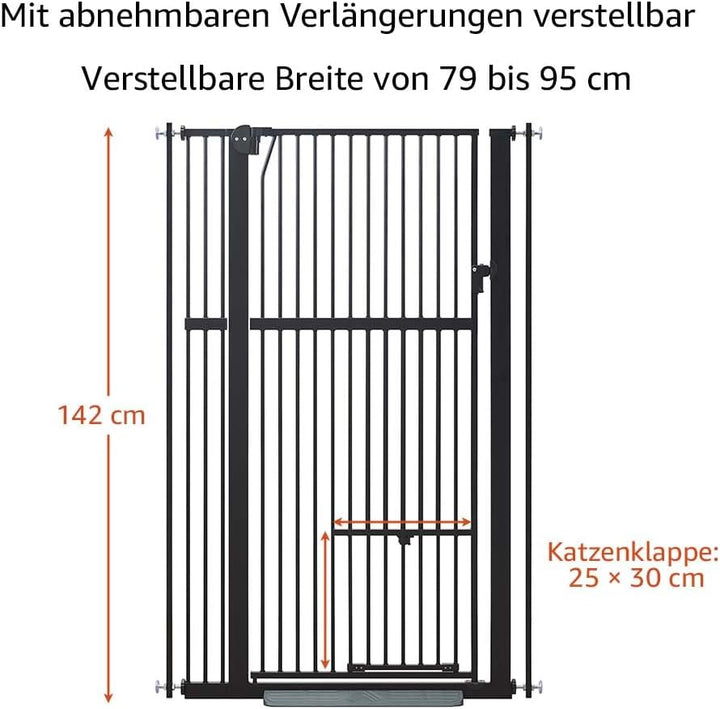 unipaws Hohes Katzengitter Tür, 142 cm hohes Hundegitter mit Katzentür, 79–95 cm breit, druckmontier