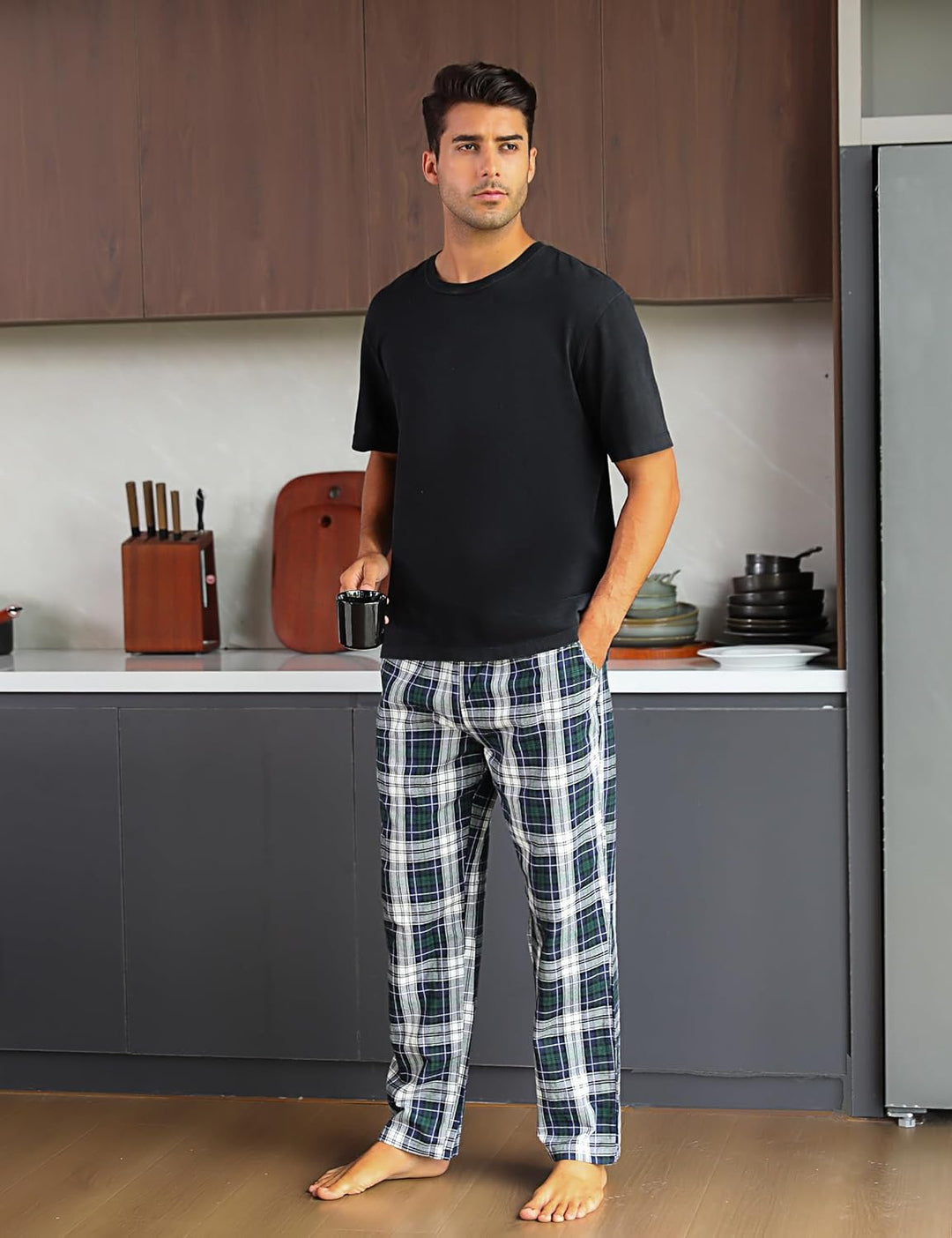 Litherday Schlafanzughose Herren Lang Kariert Pyjamahose 100% Baumwolle Nachtwäsche hose mit Taschen