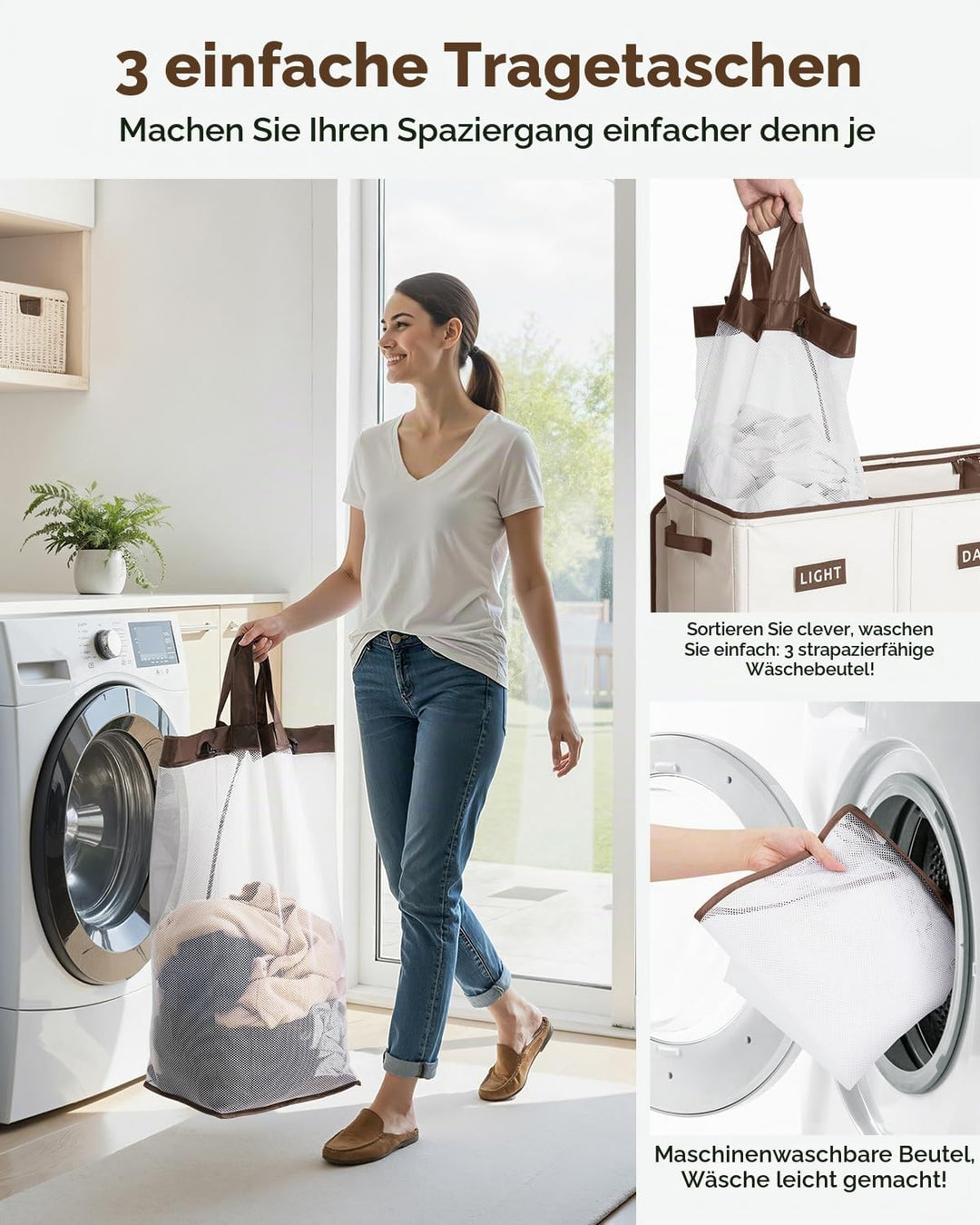SOLEDI 200L Wäschekorb, Wäschesammler 3 fächer mit Deckel und 3 Wäschesack - Wäschesortierer Gross X