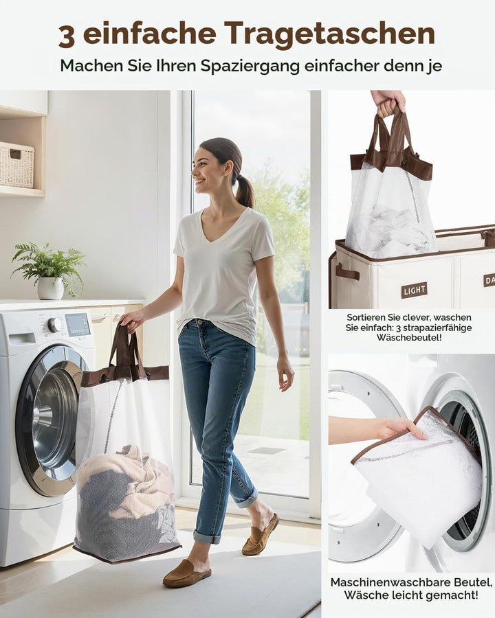 SOLEDI 200L Wäschekorb, Wäschesammler 3 fächer mit Deckel und 3 Wäschesack - Wäschesortierer Gross X