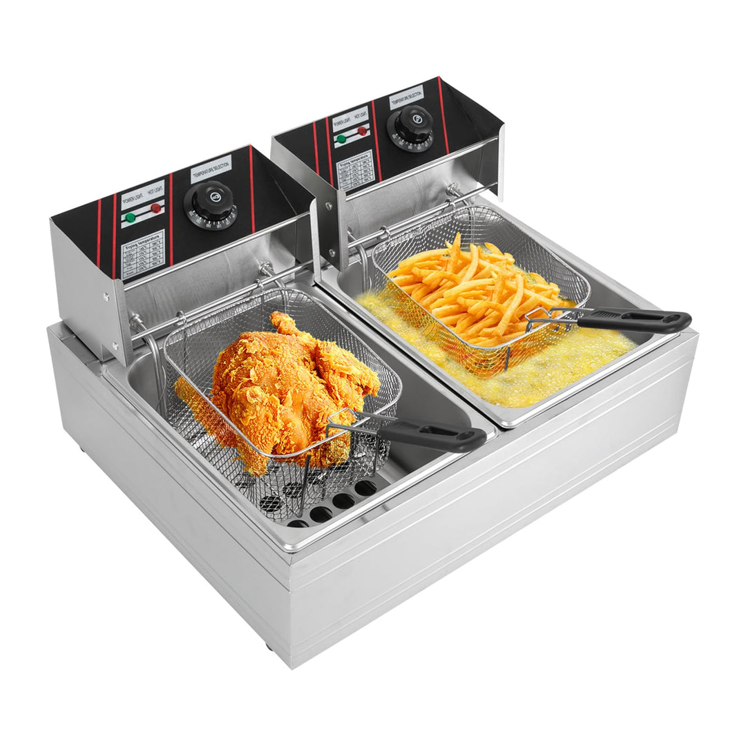 Friteuse Edelstahl 12L, 2.5KW+2.5KW Doppelfriteuse mit 4 Tubi Flessibili, Friteuse Öl mit Fettablauf