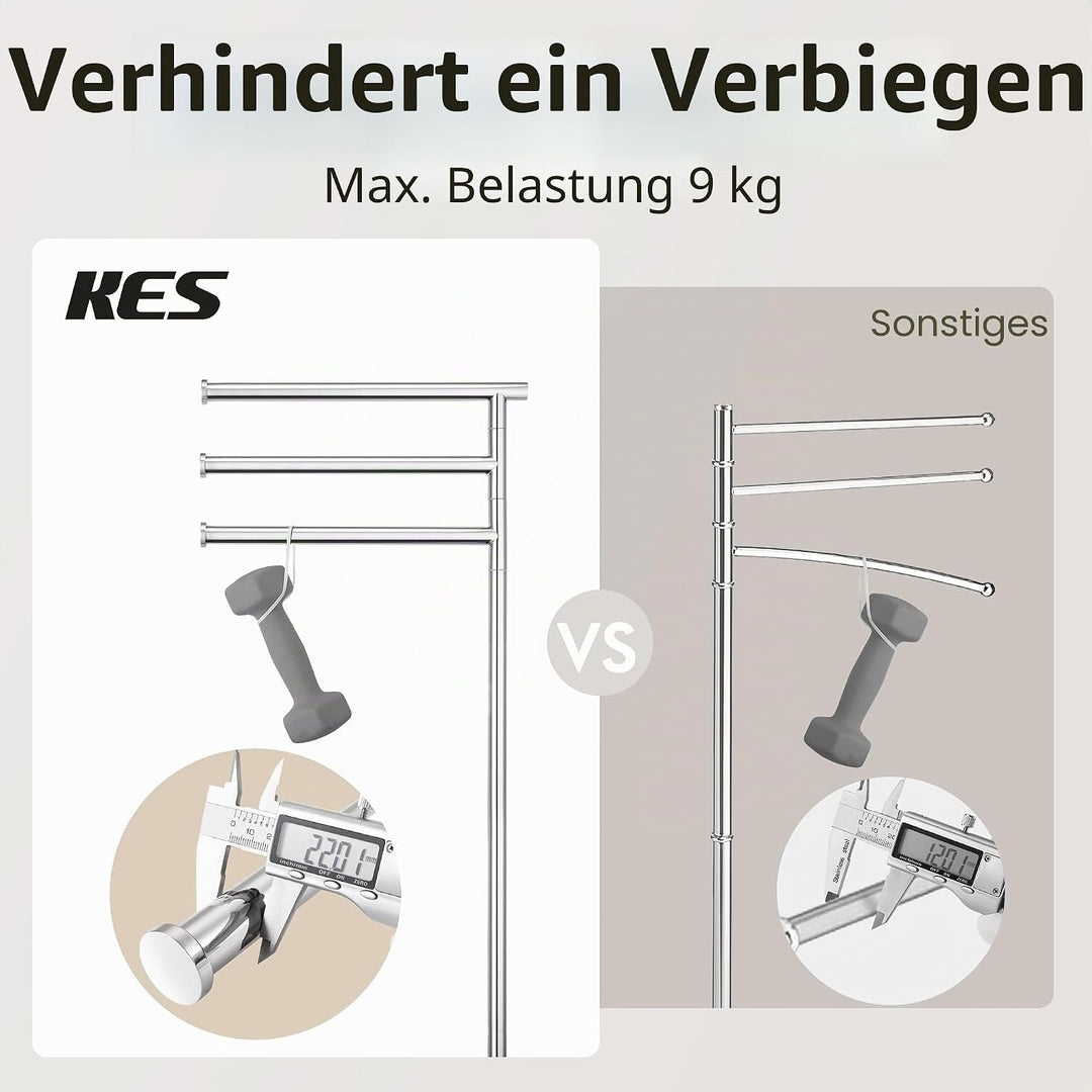 KES Handtuchhalter Stehend, Badetuchhalter 3 Armig Schwenkbar Handtuchständer Freistehend Edelstahl