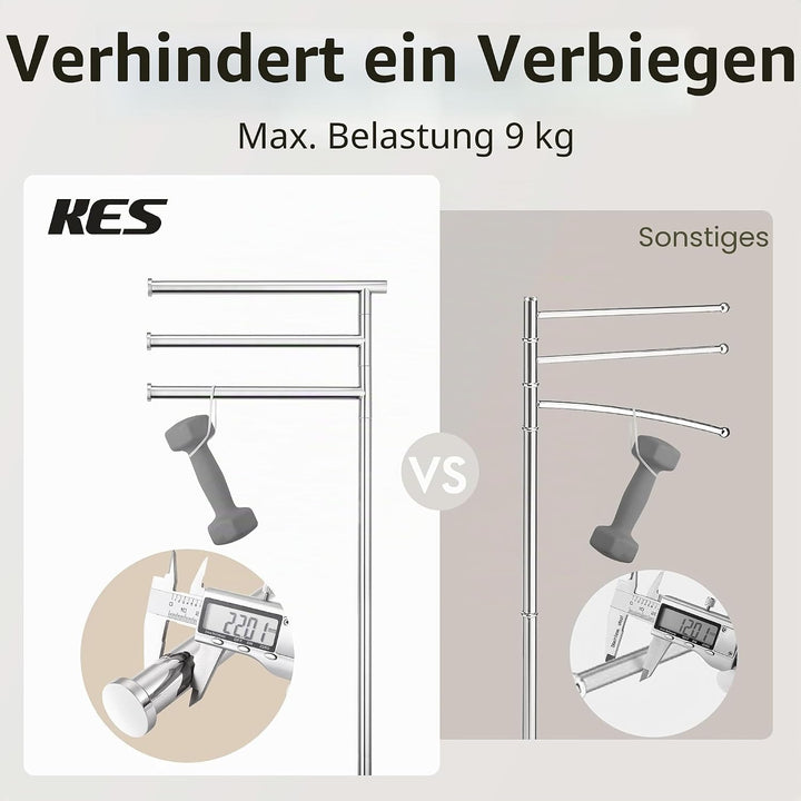 KES Handtuchhalter Stehend, Badetuchhalter 3 Armig Schwenkbar Handtuchständer Freistehend Edelstahl
