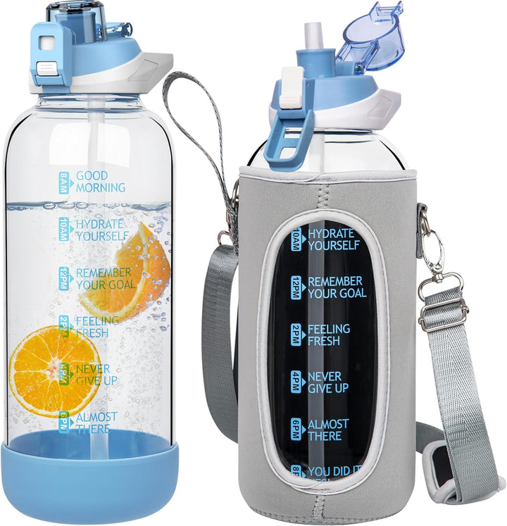 Seekua 1.5 liter Sport Trinkflasche Glas Flasche mit Strohhalm & Zeitmarkierung auslaufsicher bpa fr