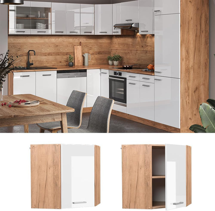 Vicco Eckhängeschrank R-Line, Weiss Hochglanz/Goldkraft Eiche, 57 cm Weiss Hochglanz Eckhängeschrank