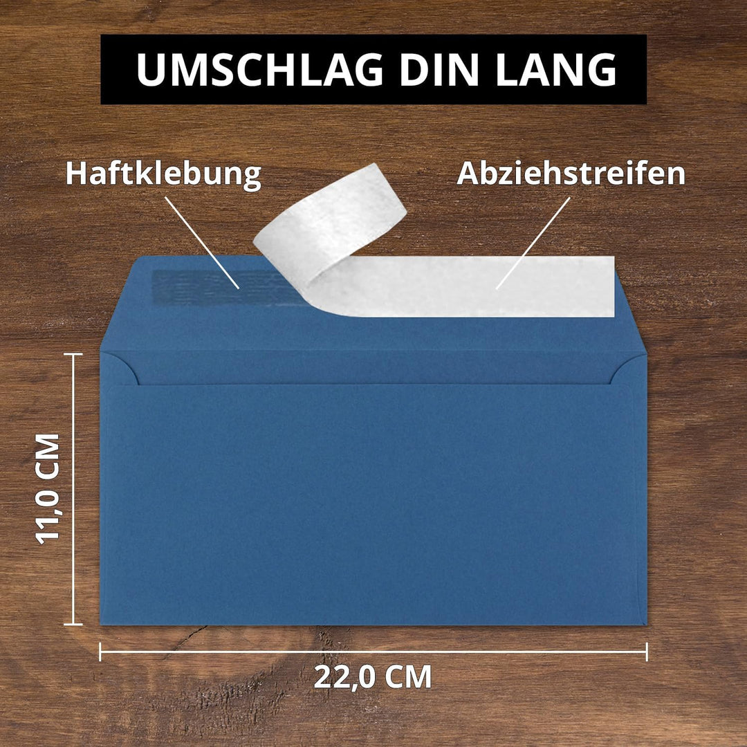 150 Brief-Umschläge DIN Lang - Royalblau/Königsblau - 110 g/m² - 11 x 22 cm - sehr formstabil - Haft