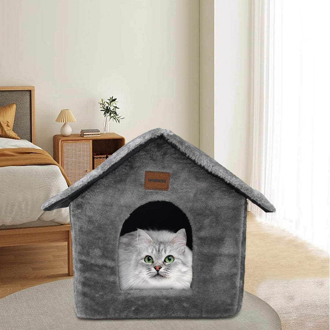 Whiwhi Plüsch Katzenhaus Katzenhöhlenbett mit Flauschiges Katzenkissen Tragbare Katzenhütte mit Ruts