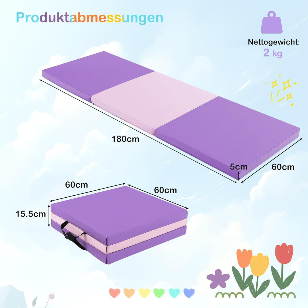 GOPLUS Weichbodenmatte, 180 x 60 x 5 cm Yogamatte rutschfest mit Klettverschlüssen & Tragegriffen, G